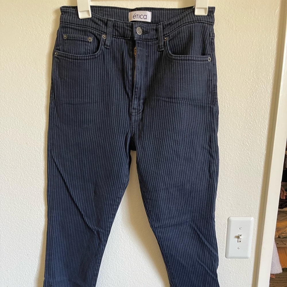 Etice stripped skinny jeans with distress at bottom